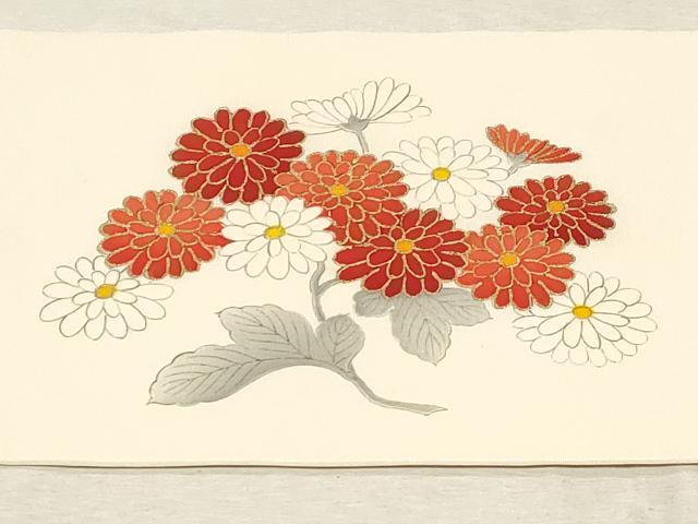平和屋着物●塩瀬　九寸名古屋帯　手描き　駒刺繍　草花文　金彩　正絹　逸品　CABD4189dy