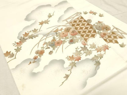 平和屋着物●塩瀬　九寸名古屋帯　雲取り草花文　金彩　正絹　逸品　CABD4195dy