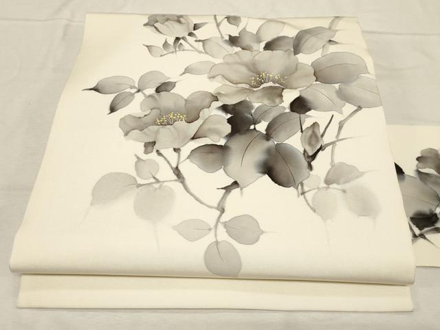平和屋着物●塩瀬　九寸名古屋帯　手描き　草花文　正絹　逸品　CABD4202dy