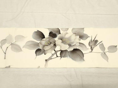 平和屋着物●塩瀬　九寸名古屋帯　手描き　草花文　正絹　逸品　CABD4202dy
