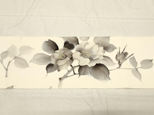 平和屋着物●塩瀬　九寸名古屋帯　手描き　草花文　正絹　逸品　CABD4202dy