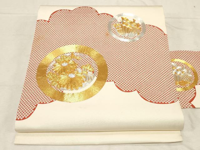 平和屋着物●塩瀬　九寸名古屋帯　駒刺繍　花蝶丸文　正絹　逸品　CABD4210dy