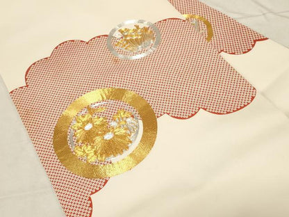 平和屋着物●塩瀬　九寸名古屋帯　駒刺繍　花蝶丸文　正絹　逸品　CABD4210dy