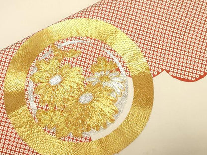 平和屋着物●塩瀬　九寸名古屋帯　駒刺繍　花蝶丸文　正絹　逸品　CABD4210dy