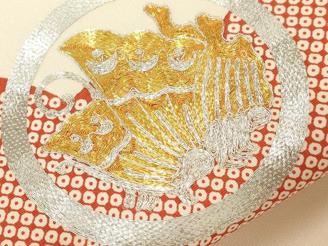 平和屋着物●塩瀬　九寸名古屋帯　駒刺繍　花蝶丸文　正絹　逸品　CABD4210dy