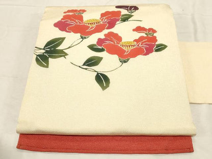 平和屋着物●九寸名古屋帯 型染め 草花文 正絹 逸品 CABD4211dy