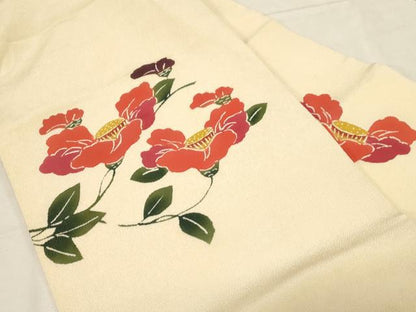 平和屋着物●九寸名古屋帯 型染め 草花文 正絹 逸品 CABD4211dy