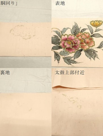 平和屋着物●九寸名古屋帯　髭紬　手描き　草花文　金彩　正絹　逸品　CABD4214dy