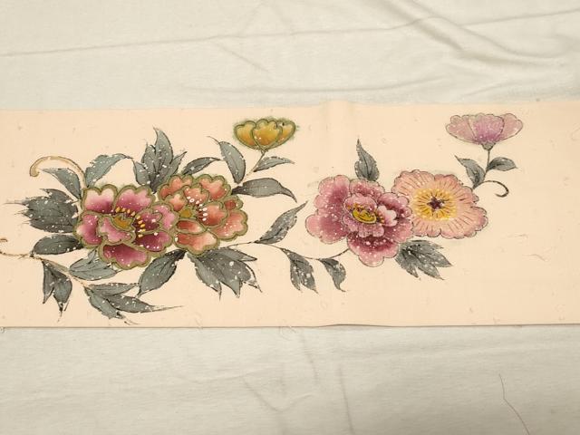 平和屋着物●九寸名古屋帯　髭紬　手描き　草花文　金彩　正絹　逸品　CABD4214dy