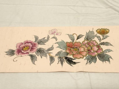 平和屋着物●九寸名古屋帯　髭紬　手描き　草花文　金彩　正絹　逸品　CABD4214dy