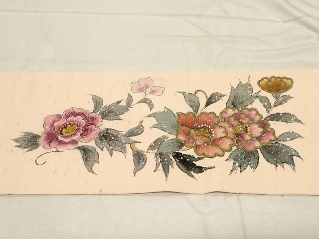 平和屋着物●九寸名古屋帯　髭紬　手描き　草花文　金彩　正絹　逸品　CABD4214dy