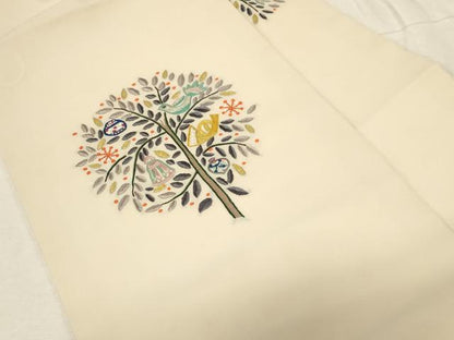 平和屋着物●九寸名古屋帯　総刺繍　枝葉鳥文　正絹　逸品　CABD4219dy