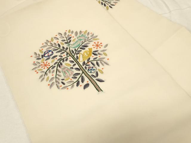 平和屋着物●九寸名古屋帯　総刺繍　枝葉鳥文　正絹　逸品　CABD4219dy