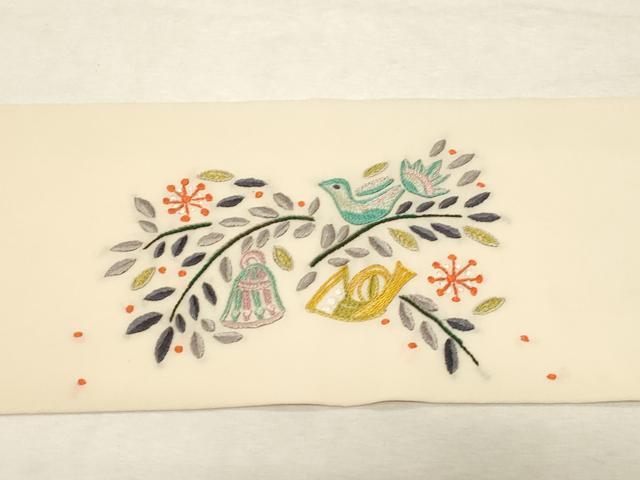 平和屋着物●九寸名古屋帯　総刺繍　枝葉鳥文　正絹　逸品　CABD4219dy
