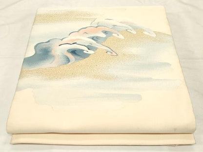 平和屋着物●爪掻き本綴れ　八寸名古屋帯　立波文　金糸　正絹　逸品　CABD4225dy
