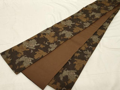 平和屋着物●半幅帯　紬地　唐獅子　舞蝶文　正絹　逸品　CABD4229dy