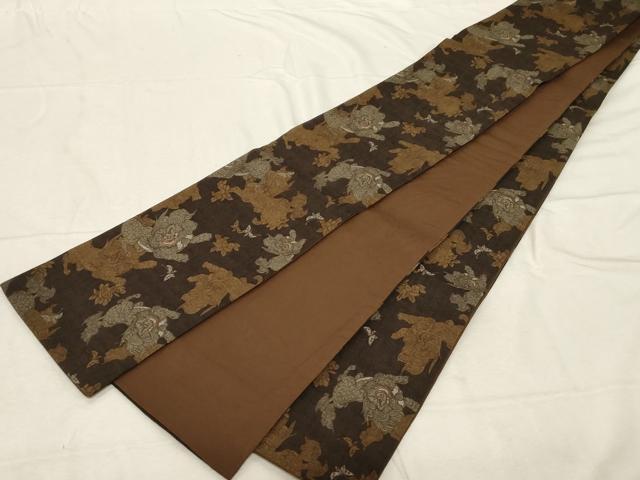 平和屋着物●半幅帯　紬地　唐獅子　舞蝶文　正絹　逸品　CABD4229dy