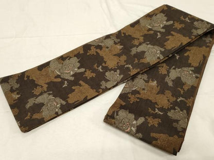 平和屋着物●半幅帯　紬地　唐獅子　舞蝶文　正絹　逸品　CABD4229dy