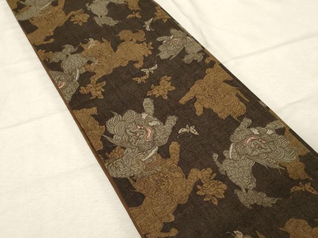 平和屋着物●半幅帯　紬地　唐獅子　舞蝶文　正絹　逸品　CABD4229dy