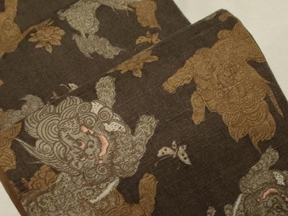平和屋着物●半幅帯　紬地　唐獅子　舞蝶文　正絹　逸品　CABD4229dy