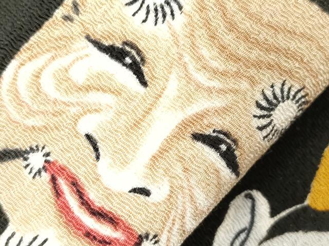 平和屋着物●半幅帯　手描き　能面　黒地　鬼しぼ縮緬　正絹　逸品　未使用　CABD4230dy