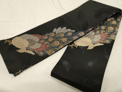 平和屋着物●こむさでもーど・COMME CA DU MODE　半幅帯　唐織　孔雀文　黒地　正絹　逸品　CABD4232dy