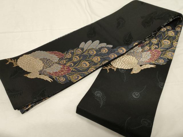 平和屋着物●こむさでもーど・COMME CA DU MODE　半幅帯　唐織　孔雀文　黒地　正絹　逸品　CABD4232dy