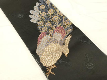 平和屋着物●こむさでもーど・COMME CA DU MODE　半幅帯　唐織　孔雀文　黒地　正絹　逸品　CABD4232dy