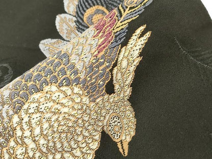 平和屋着物●こむさでもーど・COMME CA DU MODE　半幅帯　唐織　孔雀文　黒地　正絹　逸品　CABD4232dy