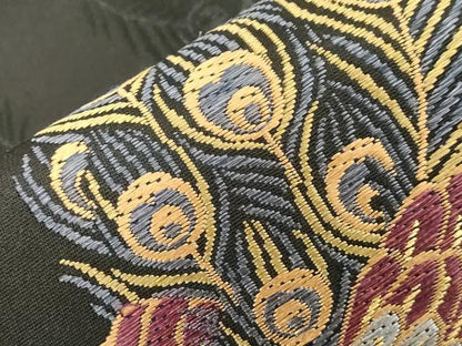平和屋着物●こむさでもーど・COMME CA DU MODE　半幅帯　唐織　孔雀文　黒地　正絹　逸品　CABD4232dy