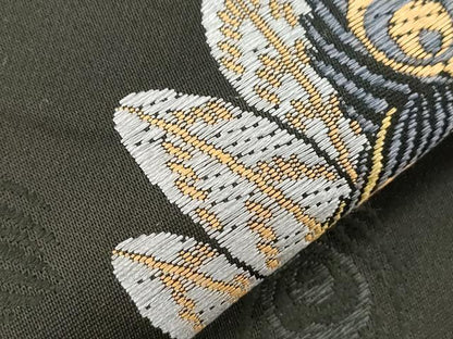 平和屋着物●こむさでもーど・COMME CA DU MODE　半幅帯　唐織　孔雀文　黒地　正絹　逸品　CABD4232dy