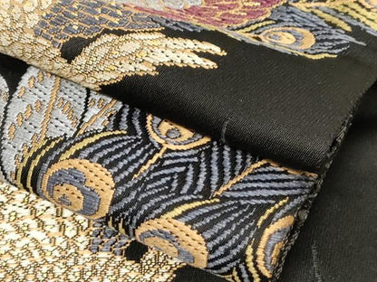 平和屋着物●こむさでもーど・COMME CA DU MODE　半幅帯　唐織　孔雀文　黒地　正絹　逸品　CABD4232dy