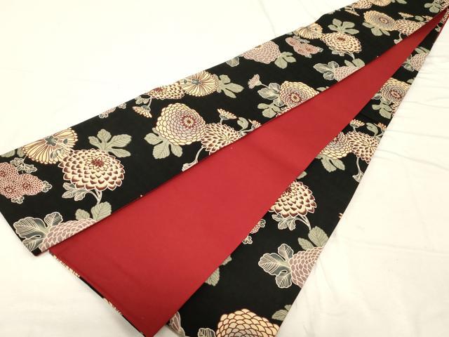 平和屋着物●半幅帯　型染め　菊　黒地　綿　逸品　CABD4235dy