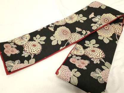 平和屋着物●半幅帯　型染め　菊　黒地　綿　逸品　CABD4235dy