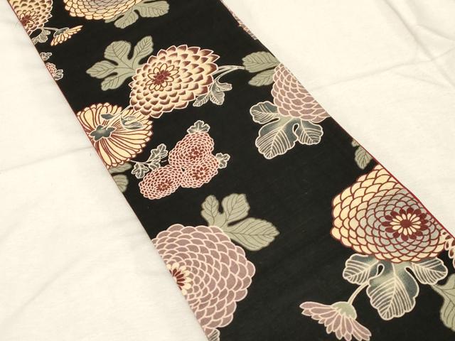 平和屋着物●半幅帯　型染め　菊　黒地　綿　逸品　CABD4235dy