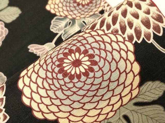 平和屋着物●半幅帯　型染め　菊　黒地　綿　逸品　CABD4235dy