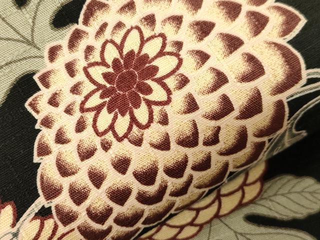 平和屋着物●半幅帯　型染め　菊　黒地　綿　逸品　CABD4235dy