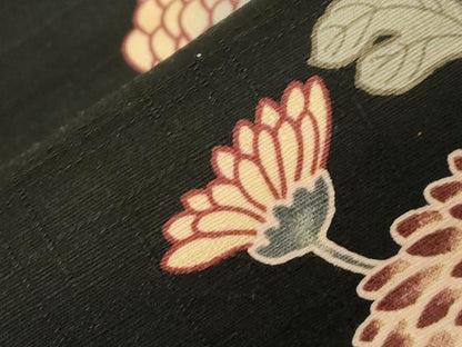 平和屋着物●半幅帯　型染め　菊　黒地　綿　逸品　CABD4235dy