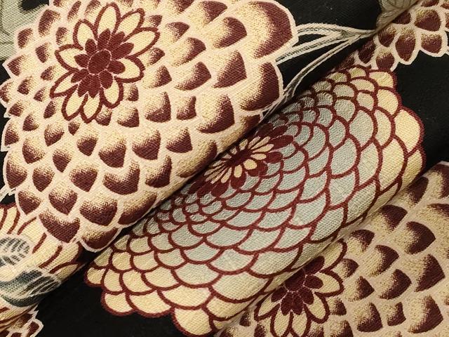 平和屋着物●半幅帯　型染め　菊　黒地　綿　逸品　CABD4235dy