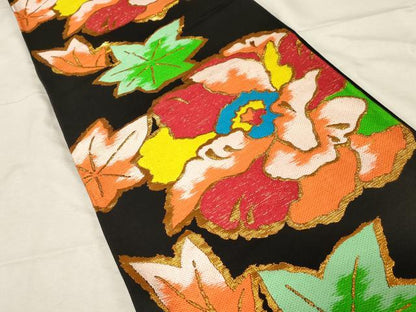 平和屋着物●六通柄袋帯　唐織　草花文　黒地　金糸　正絹　逸品　CABD4253dy