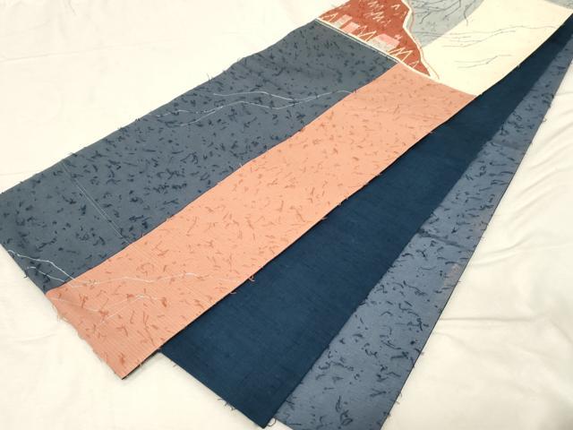 平和屋着物●太鼓柄　京袋帯　髭紬　刺し子　風景文　正絹　逸品　CABD4255dy