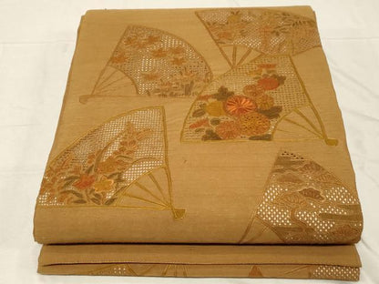 平和屋着物●中国三大刺繍　スワトウ刺繍　相良刺繍　総刺繍　太鼓柄袋帯　紬地　扇花文　正絹　逸品　CABD4261dy