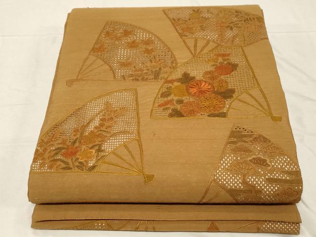 平和屋着物●中国三大刺繍　スワトウ刺繍　相良刺繍　総刺繍　太鼓柄袋帯　紬地　扇花文　正絹　逸品　CABD4261dy