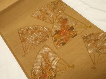平和屋着物●中国三大刺繍　スワトウ刺繍　相良刺繍　総刺繍　太鼓柄袋帯　紬地　扇花文　正絹　逸品　CABD4261dy