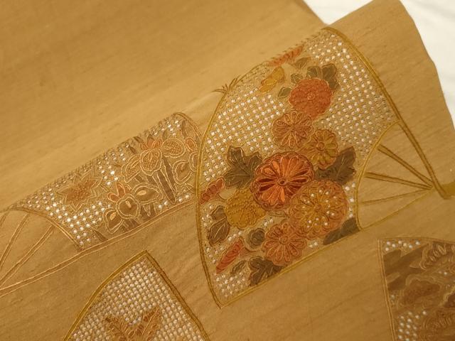 平和屋着物●中国三大刺繍　スワトウ刺繍　相良刺繍　総刺繍　太鼓柄袋帯　紬地　扇花文　正絹　逸品　CABD4261dy