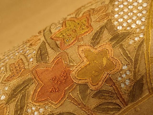 平和屋着物●中国三大刺繍　スワトウ刺繍　相良刺繍　総刺繍　太鼓柄袋帯　紬地　扇花文　正絹　逸品　CABD4261dy