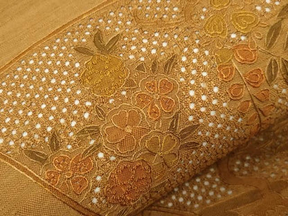 平和屋着物●中国三大刺繍　スワトウ刺繍　相良刺繍　総刺繍　太鼓柄袋帯　紬地　扇花文　正絹　逸品　CABD4261dy
