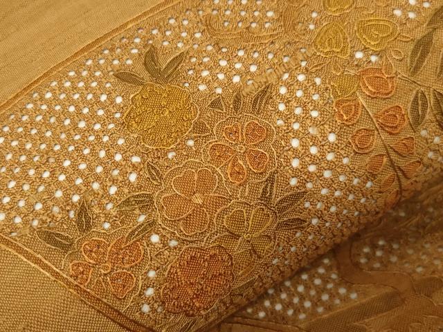 平和屋着物●中国三大刺繍　スワトウ刺繍　相良刺繍　総刺繍　太鼓柄袋帯　紬地　扇花文　正絹　逸品　CABD4261dy