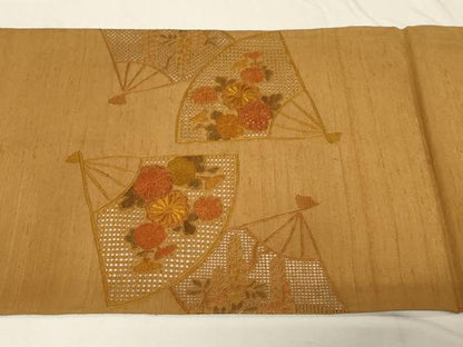 平和屋着物●中国三大刺繍　スワトウ刺繍　相良刺繍　総刺繍　太鼓柄袋帯　紬地　扇花文　正絹　逸品　CABD4261dy