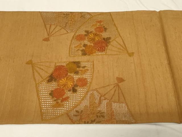 平和屋着物●中国三大刺繍　スワトウ刺繍　相良刺繍　総刺繍　太鼓柄袋帯　紬地　扇花文　正絹　逸品　CABD4261dy